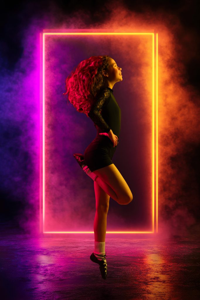 Pre-teen girl child kid Irish dancing colourful lights photoshoot