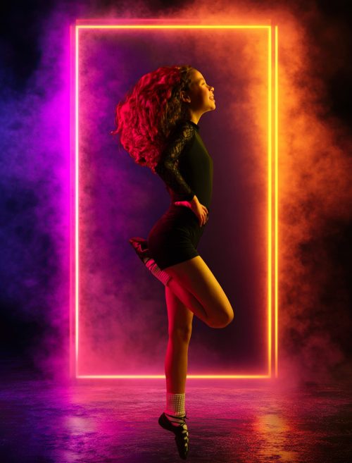 Pre-teen girl child kid Irish dancing colourful lights photoshoot
